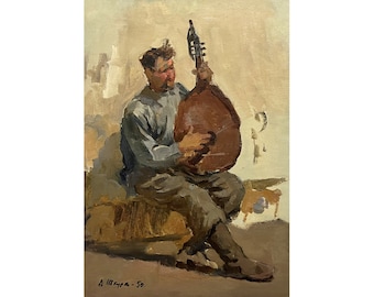 MID CENTURY PORTRAIT Antikes original Ölgemälde vom Ukraine Künstler A.Shkurko, 1950, Bandura Spieler, Figur des Mannes, Männerporträt, Wandkunst