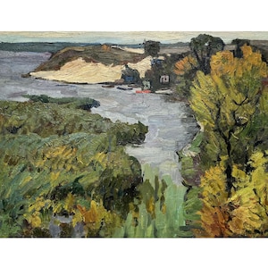 Vintage original oil painting by Ukrainian artist V.Korobov, 1960s, Boat station painting, Village on the river bank, Riverscape, Waterscape