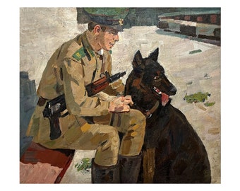 Vintage original oil painting on canvas by Ukraine artist G.Shponko 1970s Wall art, Portrait of a border guard with a dog, Portrait of a man