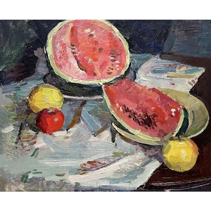Pintura a óleo original vintage do artista ucraniano V. Shepetovsky, década de 1970, Arte de parede, Natureza morta com melancia e maçãs, Pintura de natureza morta