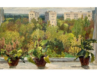 Vintage original oil painting by Ukrainian artist O.Solodovnikov 1975, Wall art, Indoor plants in pots, Windowsill of the artist's apartment