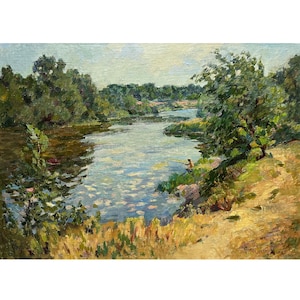 Pintura al óleo original vintage Paisaje fluvial del artista ucraniano O.Solodovnikov 1973, Pescador, Ribera, Árboles, Paisaje boscoso, Naturaleza