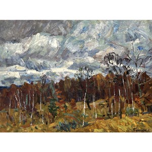 Vintage impressionist original oil painting by Ukrainian artist M.Borymchuk, 1970s, Autumn forest landscape, Clouds, Sky landscape, Skyscape