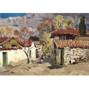 Vintage oil original painting Rural landscape by Ukrainian artist S.Yarovoy, 1970s, Spring landscape, Rural street, Village in the mountains