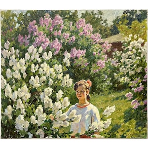 Vintage-Original-Ölgemälde auf Leinwand: Frühlingsparklandschaft des ukrainischen Künstlers O. Solodovnikov, Flieder blüht, Mädchen im botanischen Garten