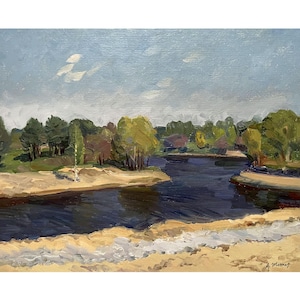 Vintage original oil painting Riverscape by Ukrainian artist by A.Zhezher, 1980s, River landscape, Riverbank, Beach, Clouds, Sky landscape