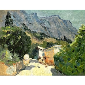 Vintage impressionist original oil painting Mountain landscape by Ukraine artist N.Korobova 1980s Wall art, Village in the mountains, Nature