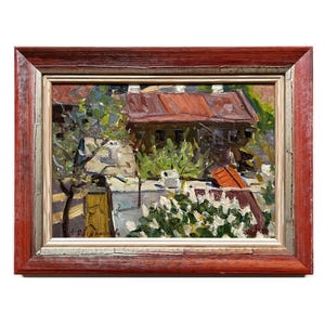 Pintura al óleo original vintage enmarcada Paisaje primaveral de la artista ucraniana E. Ovsyannikova Década de 1960, mayo, Árboles florecientes, Paisaje urbano, Arte mural de Kiev
