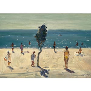Genre original oil painting Seascape by Ukrainian artist O.Demydenko, Wall art, Summer, Seashore, Coastal view, People on beach, Beachgoers