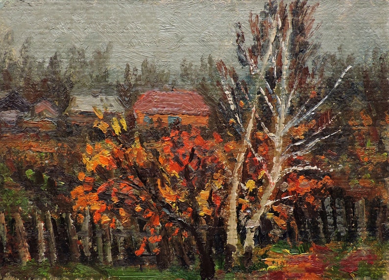 Country painting 1960s Impressionist art Farmhouse AUTUMN RURAL LANDSCAPE Vintage Oil Original Painting by Soviet artist V.Vlasov Trees