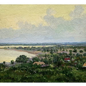 Pintura al óleo original vintage del artista ucraniano B. Rybets, década de 1950, verano, paisaje fluvial al atardecer, paisaje fluvial, pueblo en la orilla del río, naturaleza