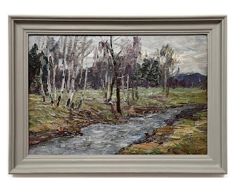 SPRING RIVER LANDSCAPE Framed vintage original oil painting by Ukraine artist M.Borymchuk, 1981, Trees, Nature, Impressionism, Ready to hang