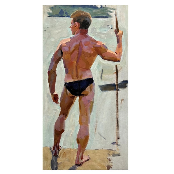 Antique original oil painting by Ukrainian artist I.Sinepolsky 1960s Beach landscape, Man in swimming trunks, Figure of a man, Male wall art