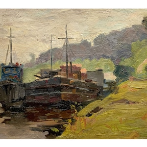 Vintage original oil painting Summer river landscape by Ukrainian artist A.Vaskevich, 1960s, Wall art, Boats on river, Riverscape, Riverbank