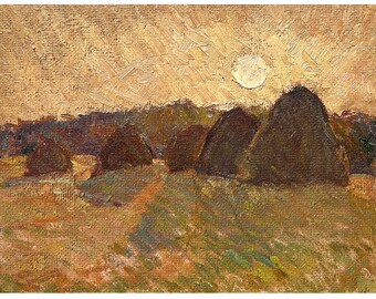 HAYSTACKS AT SUNSET Vintage original oil painting by Ukrainian artist V.Sevastyanov, 1960s, Countryside view, Rural landscape, Farm wall art