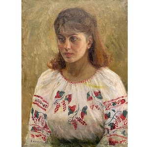 Vintage original oil painting on canvas Female portrait by Ukraine artist O.Koshel, 1987, Portrait of a Ukrainian girl, Portrait of a woman