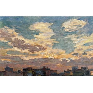 Vintage original oil painting Sky landscape by Ukraine artist O.Solodovnikov, 1970s, Wall art, Sunset, Clouds, Skyscape, Painted from nature