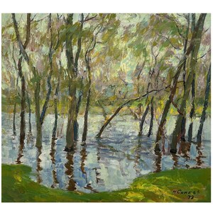 Vintage original oil painting Spring landscape by Ukrainian artist M.Samkov, 1979, Spring flood, Riverbank, Trees, Woodland scenery, Nature