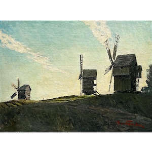 May include: Oil painting of three windmills on a grassy hill under a blue sky with clouds. The windmills are dark brown with visible blades. The painting has a vintage, rustic feel.