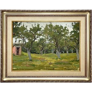 Pintura a óleo original vintage emoldurada Paisagem de jardim de maçãs pelo artista ucraniano K. Zaruba, 1972, Vista do campo, Pomar de maçãs, Árvores, Natureza