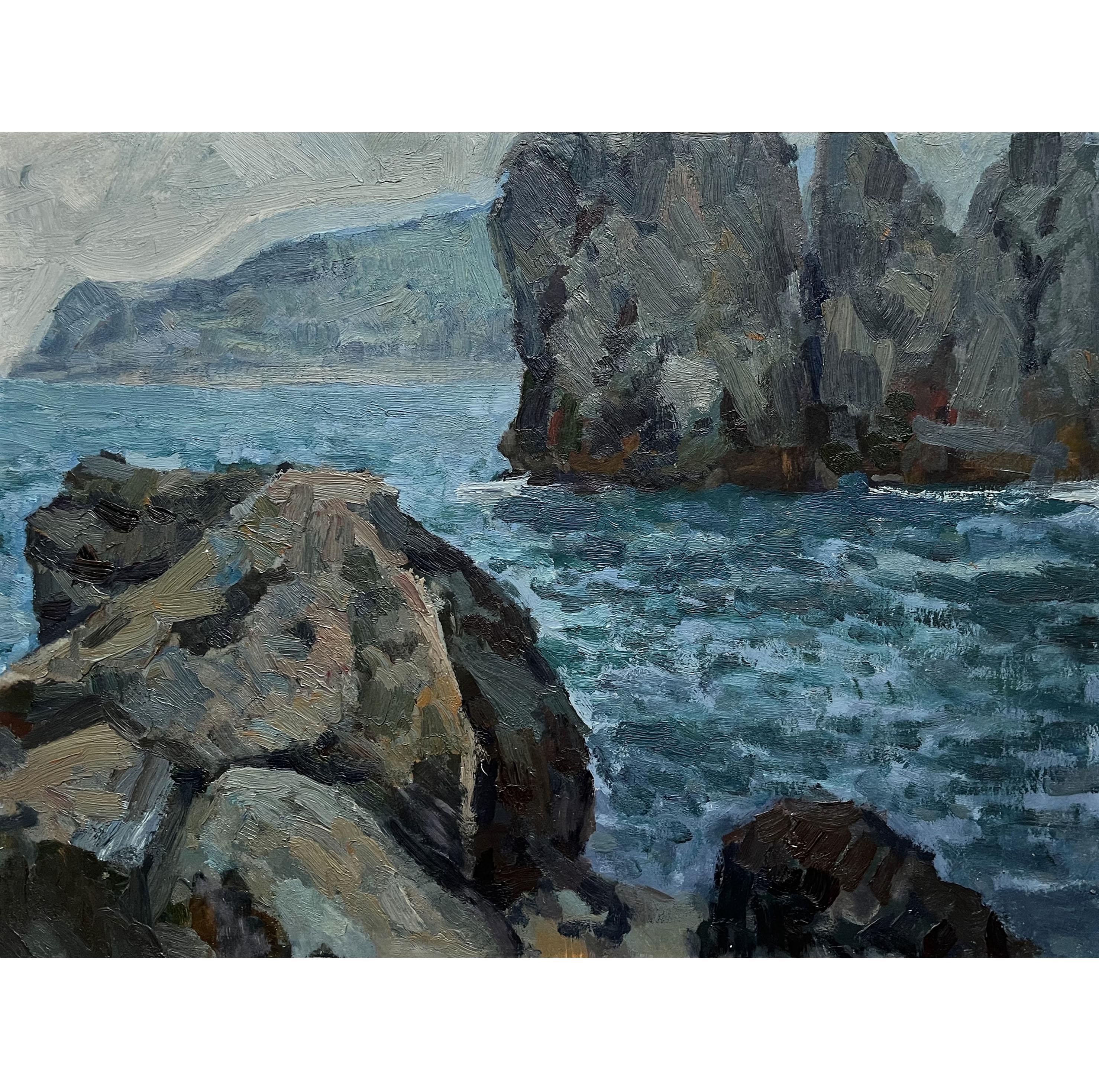 Vintage original oil painting Seascape by Ukraine artist V.Korobov, 1980s, Wall art, Sea landscape, Seashore, Rocky shore, Seafront painting