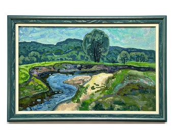 Framed antique original oil painting Vorskla river landscape by Ukraine artist V.Gaiduk, 1960s, Riverscape, Riverbank, Nature, Wall art work