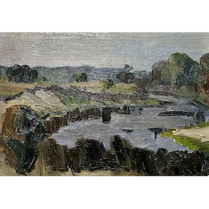 Vintage original oil painting Evening river landscape by Ukraine artist by I.Hapochenko 1975 Wall art, Sunset, Riverbank, Riverscape, Nature