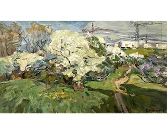 Antikes original Ölgemälde Frühlingslandschaft des Ukraine Künstlers V.Gaiduk 1963, Rustikale Wohnkultur, Blühende Gärten, Blühende Bäume, Natur