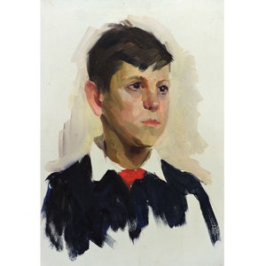 Pintura al óleo original antigua Retrato de un niño del artista ucraniano M.Stratienko, década de 1960, Pintura de retrato, Arte mural de retrato, Retrato infantil