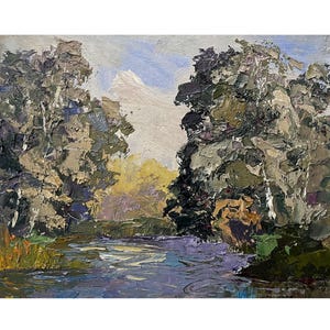 Vintage original oil painting River landscape by Ukrainian artist by I.Hapochenko, Wall art, Sunset, Trees, Riverbank, Riverscape painting
