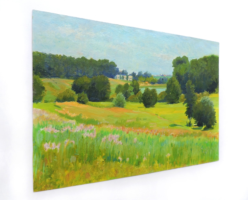 SUMMER LANDSCAPE Vintage original oil painting by Soviet Ukrainian artist M.Chaliy Woodland scenery Lake in the forest Meadows landscape