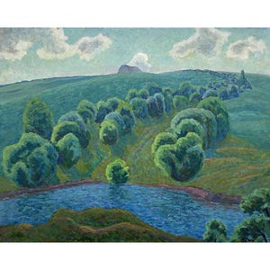 Vintage original oil painting on canvas Spring river landscape by Ukrainian artist by I.Hapochenko, Wall art, Trees, Riverbank, Riverscape