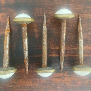 May include: Five antique, rusty, metal tacks with white porcelain heads and brass bases.