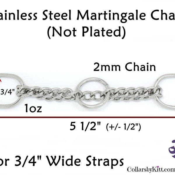 Stainless Martingale Chain, 3/4" - Stainless Steel Half Check Chain, Martingale Hardware, Center Chain for Martingales, For 3/4" wide straps