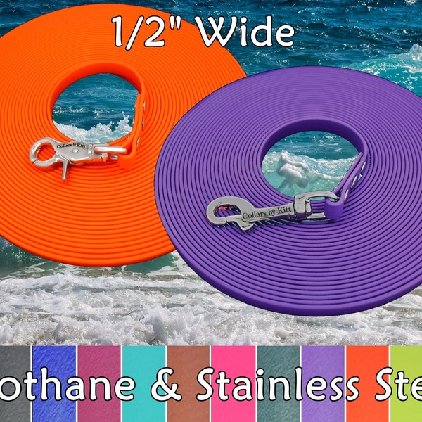 Biothane Tracking Line, Waterproof Drag Line, 1/2", Long Line for Scent and Nose Work , Long Leash, All Stainless