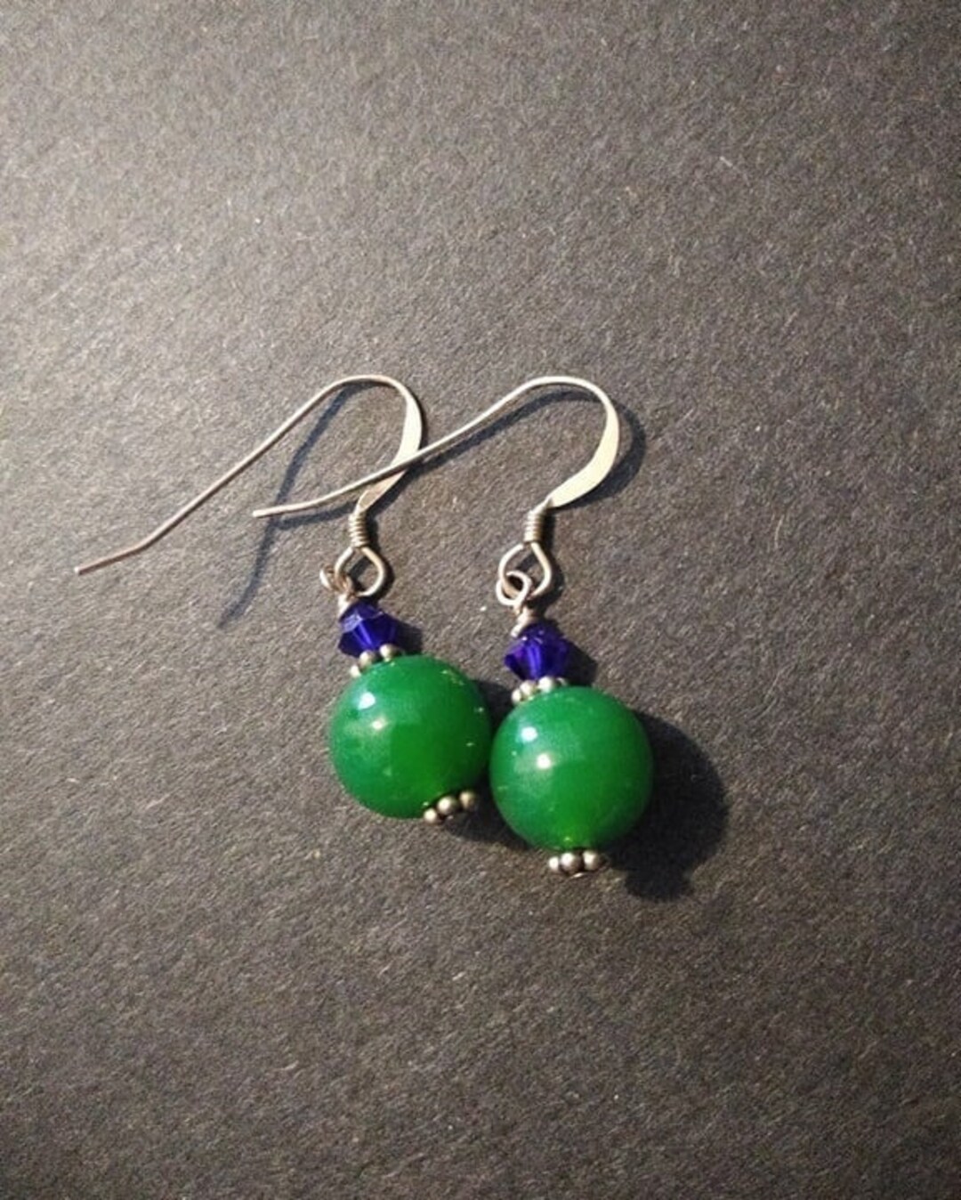 Vintage Jade Glass & Navy Blue Swarovski Crystal Earrings W/ Sterling