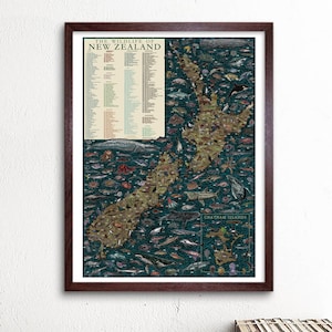 Wildtier Neuseeland Karte / handillustriertes Lernposter / Landkarte Print / Wandkunst