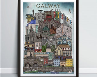 Paisaje urbano de Galway, Irlanda - Impresión de ilustración