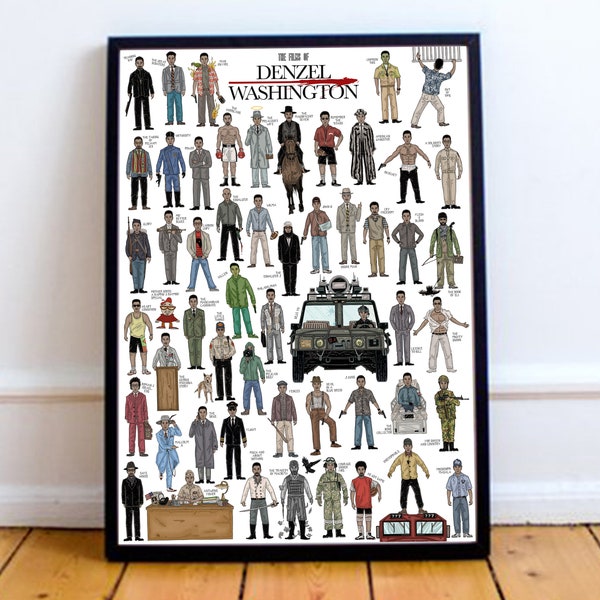 The Films Of Denzel Washington - Illustrated movie poster. Fun gift idea for film buffs.