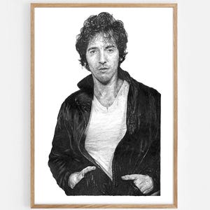 Legendärer Musiker-Bruce Springsteen - Handgezeichneter Kunstdruck eines legendären amerikanischen Musikers