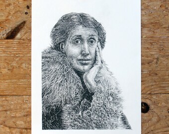 Original portrait of iconic English writer Virginia Woolf - in pen and pencil