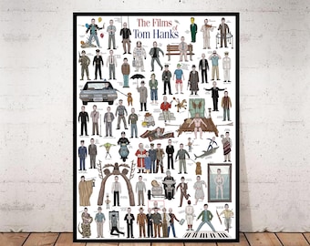 The Films Of Tom Hanks - Illustrated movie poster. Fun gift idea for film buffs.