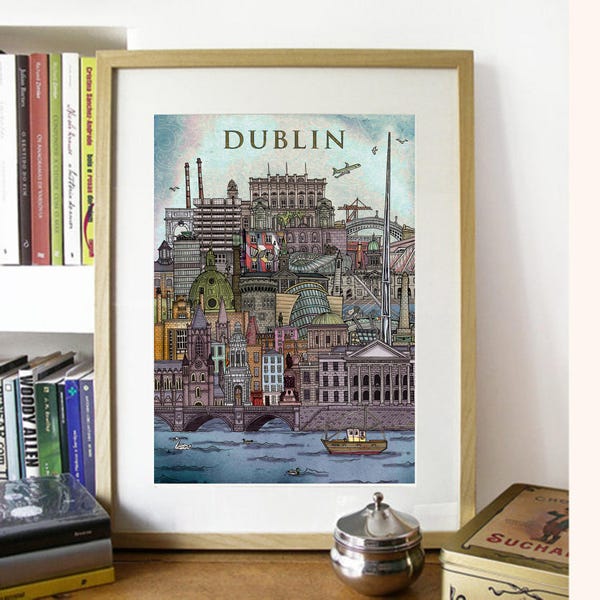 Dublin, Ireland Cityscape - Illustrated Poster Print. Great Irish gift idea.