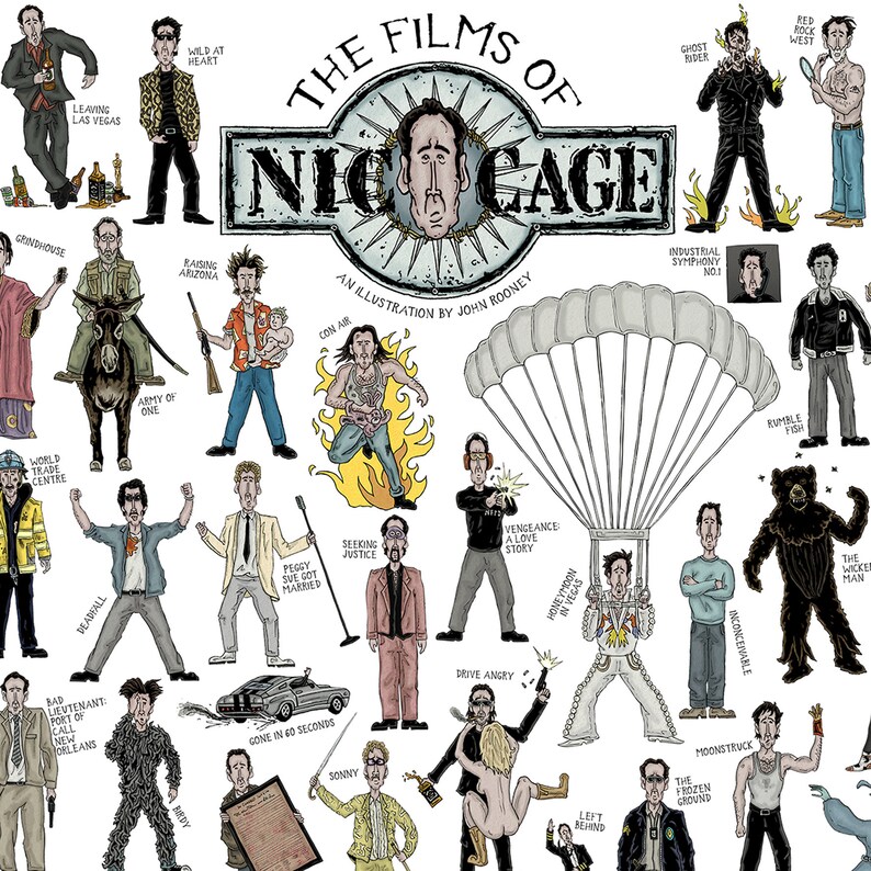The Films of Nicolas Cage Illustrated Movie Poster Ideal | Etsy