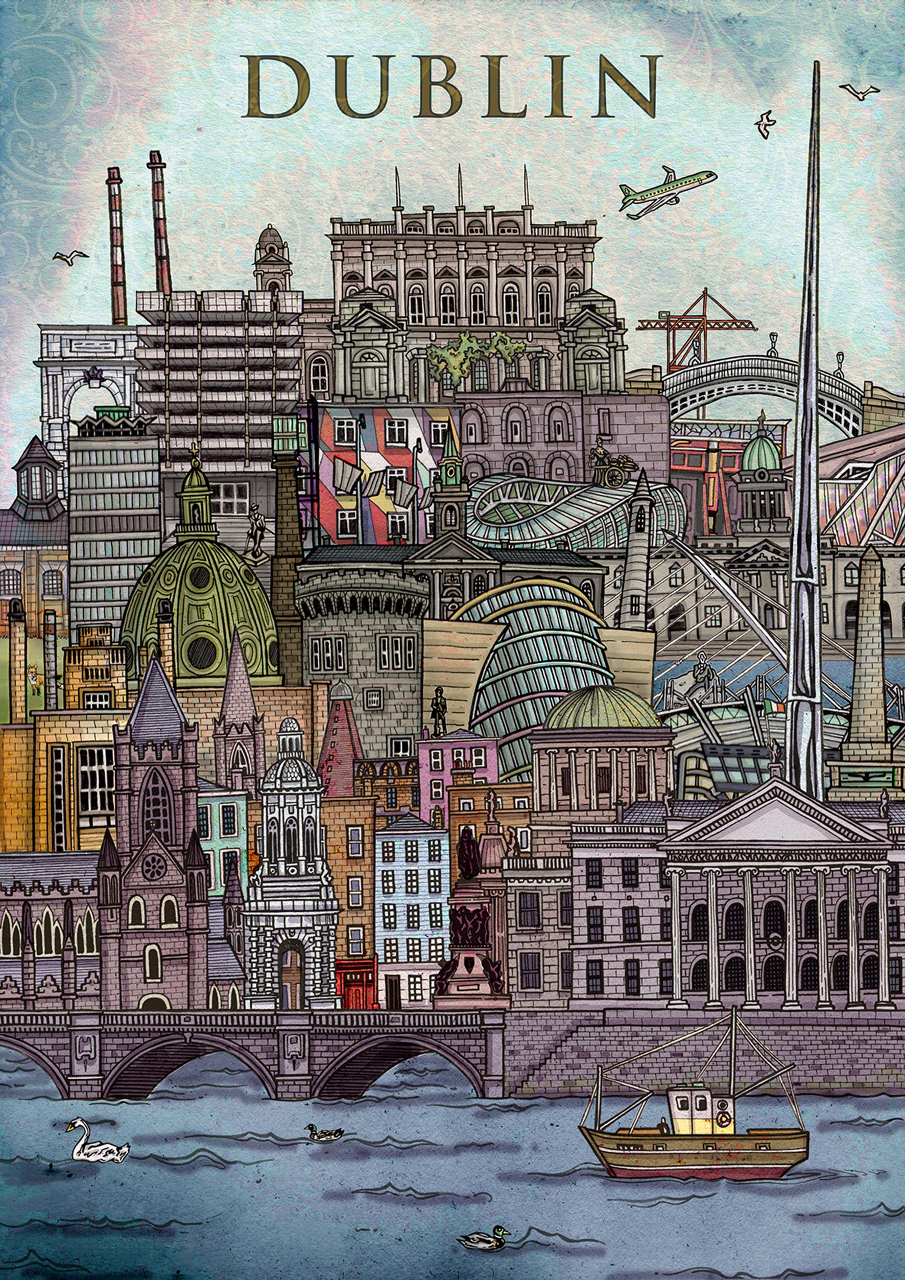 Dublin Ireland Cityscape Illustrated Poster Print. Great Etsy