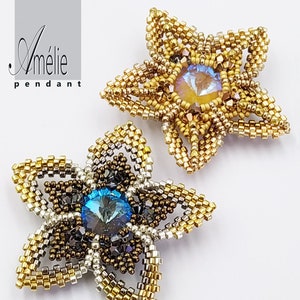 May include: Two gold and silver beaded star-shaped pendants with iridescent and blue crystal centers. The text "Amelié pendant" is visible in the top left corner of the image.