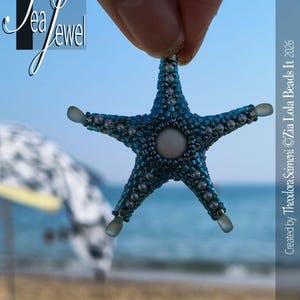 May include: A five-pointed starfish ornament crafted from dark blue and metallic beads with a central round white bead. The tips of the starfish feature small, smooth, translucent white accents. The text Sea Jewel and Created by Theodora Seimeni ©Zia Lola Beads It 2026 is visible.