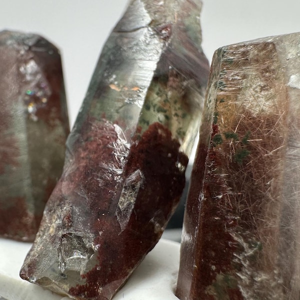Garden Quartz Green Chlorite Red Hematite Inclusions Terminated Lodolite Crystal Set of Three