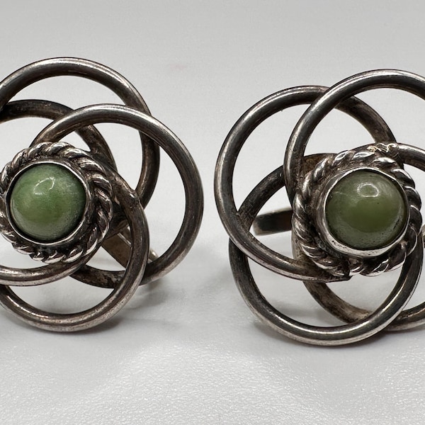 Vintage Mexican Silver Jade Earrings 1930s 1940s Screw Back Atomic Swirl Green Stone Jewelry