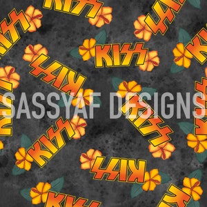 May include: A seamless pattern featuring the word "KISS" in a bold, orange font with a black outline, repeated against a dark gray background.  Orange hibiscus flowers with green leaves are scattered throughout the pattern.